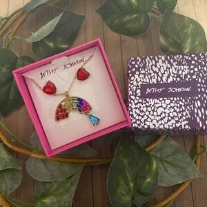 Betsy Johnson Rainbow Necklace Red Heart Earrings Set